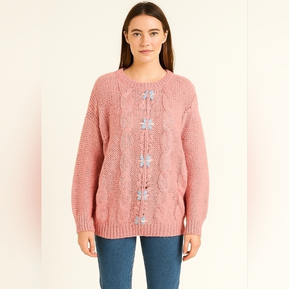 Avocado Hand-Knitted Chunky Cable Knit Sweater Pink L